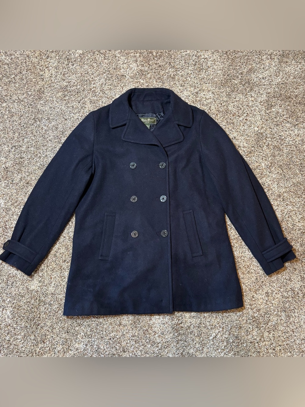 E209 Eddie Bauer Navy Double-Breasted Peacoat, Size L